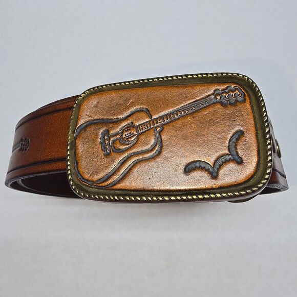 Vintage Tooled Leather & Brass Guitar Belt and Belt Buckle Made In U.S.A. - Picture 1 of 12